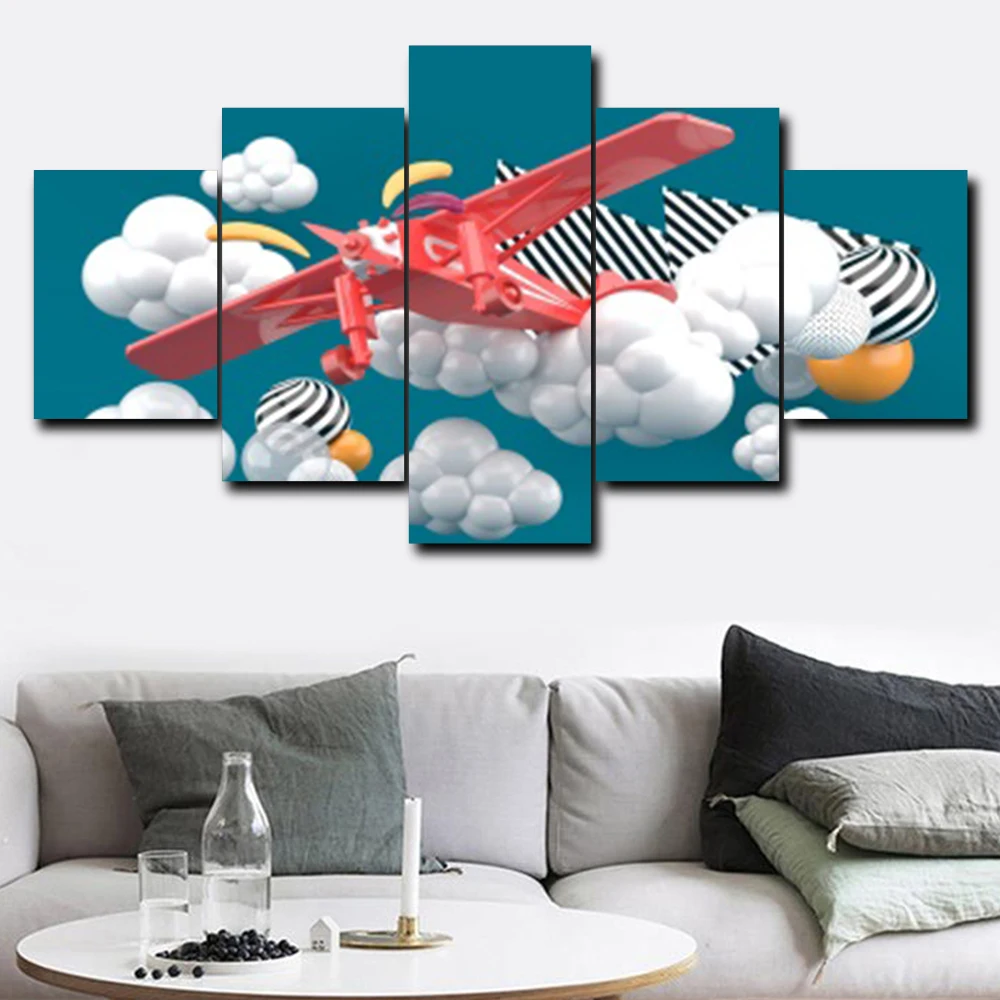 

Laeacco Canvas Painting Calligraphy 5 Panel Cartoon Wall Art Aircraft Cloud Posters and Prints Living Room Bedroom Decoration