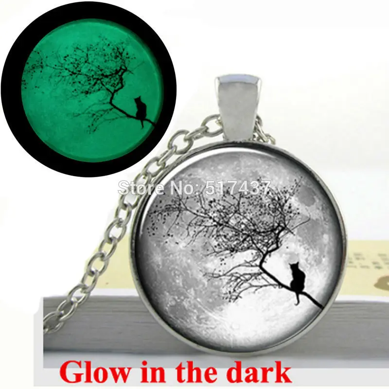 

Glowing Full Moon Necklace Cat On Tree Branches Midnight Pendant Glow in dark Moon and cat Necklace