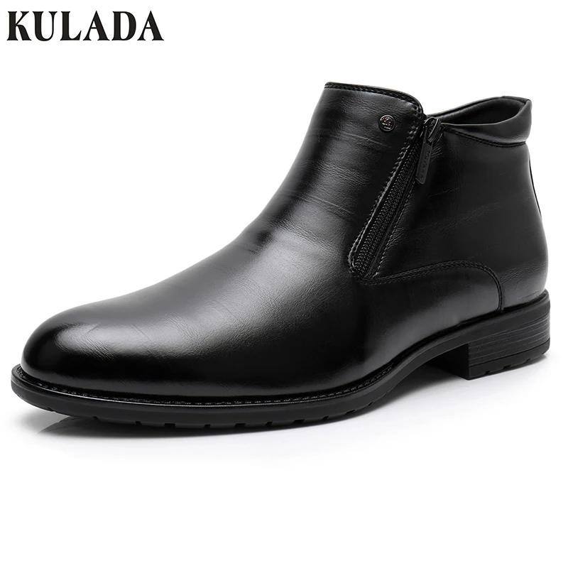 Acheter KULADA D affaires Bottes D hiver Pour Hommes Chaussures Hommes Bottines Cuir Double Fermeture Éclair Côté Artificielle Épaisse Fourrure Bottes Hommes Chaussures D hiver