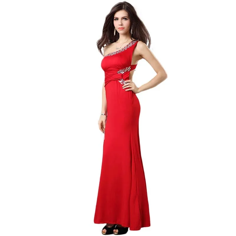 New 2016 Women's Clothing Elegant Stain Solid Red Party Casual Dress One Shoulder Sequin Sexy Ankle-Length Dresses W333683B (2)