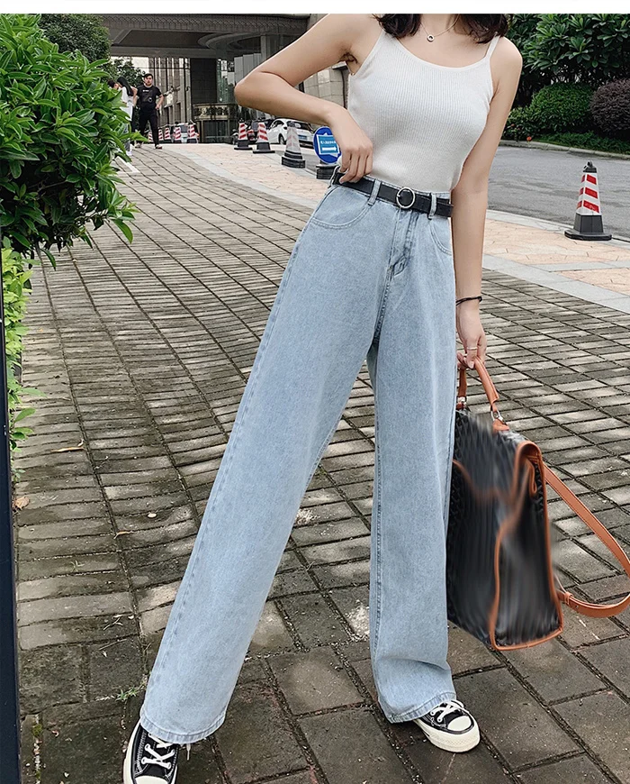 Women Denim Jeans Wide-leg Pants Straight Loose Zipper Casual High Waist Long Jeans White Blue Autumn Female Jeans S-XL