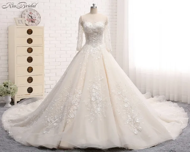 Robe de mariage de Princesse Longue Robe De Mari e 2017 Sheer Cou Manches Longues robe