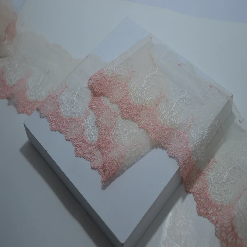 

somelace 11cm(2yds/lot)translucent gauze pink floral white pattern High quality embroidery fabrics embroidery lace trim18081116