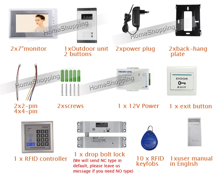 Бесплатная доставка, новая квартира, 7 дюймов, видеодомофон, домофон, 2 монитора, дверной звонок, камера для 2 семьи + RFID доступ + замок с болтом