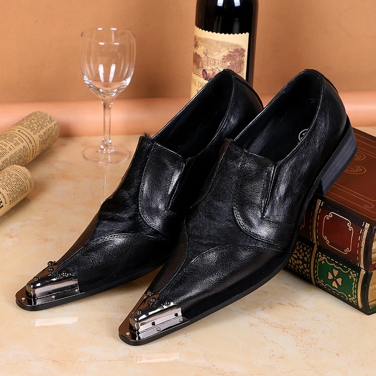 

Black Metal Pointed Toe Mens Dress Shoes Genuine Leather Luxury Wedding Shoes Men Flats Office Formal Shoe zapato Hombre