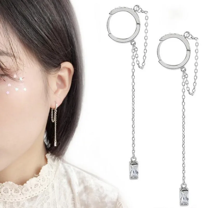 

Women Men Silver Stainless steel Earring Minimalist Jewelry KPOP V Bangtan Boys V Stud long crystal Earrings