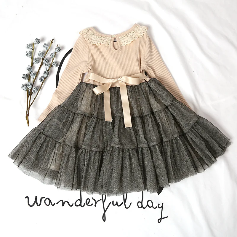 

YNB 2017 Spring Long Sleeve Patchwork Girls Dresses Brand Summer Children Clothing Kids Girls Mini Ball Gown Dresses Fits3 5 6 9