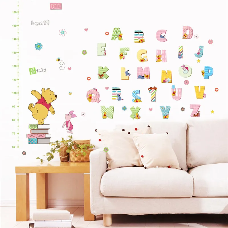 Винни Пух 26 букв домашний декор высота измерения наклейки на стену DIY МУРАЛ с изображением алфавита для детской комнаты или спальни школьная наклейка
