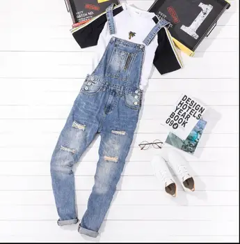 

Europe and the United States retro denim overalls pants men's summer hole jeans Slim Korean version of the suspenders jeans