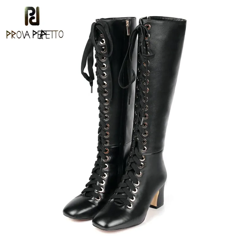 

Prova Perfetto Winter Western Keep Warm Fashionable Woman Long Boots Rome Thick Heel Round Toe Genuine Leather Motorcycle Boots