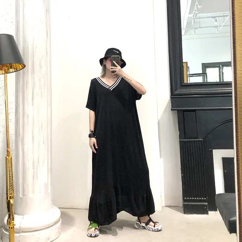 

Women Summer Short Sleeve V-neck Loose Causal Black Knitted Dress Female Streetwear Plus Size Long Elegant Pullovers Long Dress