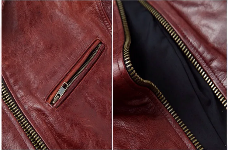 Men Casual Leather Jacket Red Color Plus Size XXXXL Genuine Thick Cowhide Clothing Men's Winter Warm Slim Fit Leather Coat (8)