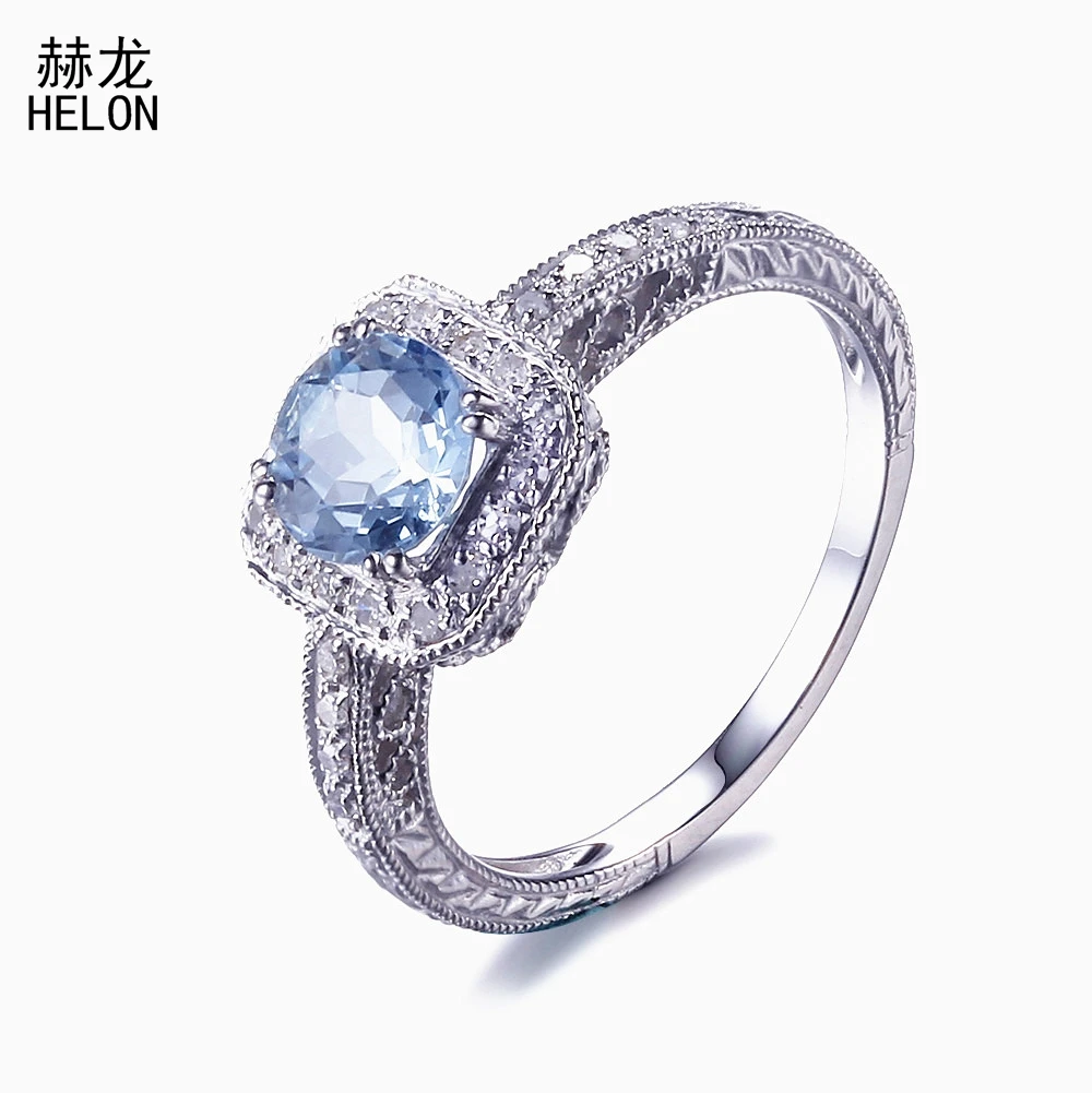 

Solid 14K White Gold 6mm Round Sky Blue Topaz Natural Diamond Fine Textured Ring Vintage Antique Engagement Fine Ring Jewelry