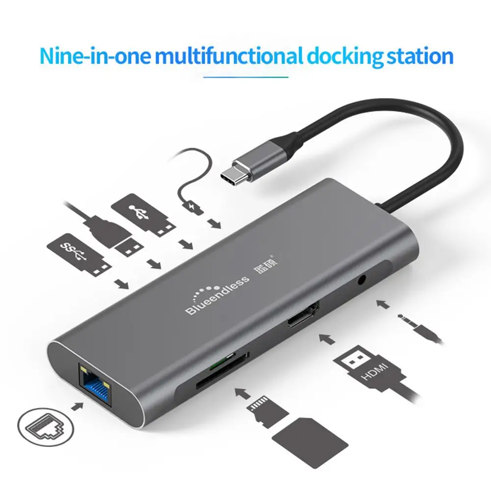 Portable 9-in-1 Multi-function Docking 4K HDMI USB HUB 9-in-1 HDMI+USB3.0+PD+3.5MM Audio+Gigabit LA