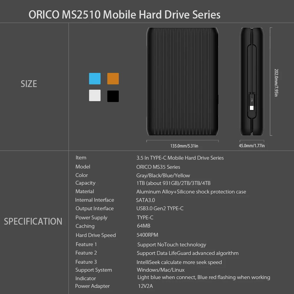 ORICO MS35 1/2/3/4 TB USB3.1 Gen2 TYPE-C 3.5 In 10Gbps High-Speed Shockproof External Hard Drives HDD Desktop Mobile Hard Disk ORICO MS35 1/2/3/4 TB USB3.1 Gen2 TYPE-C 3.5 In 10Gbps High-Speed Shockproof External Hard Drives HDD Desktop Mobile Hard Disk