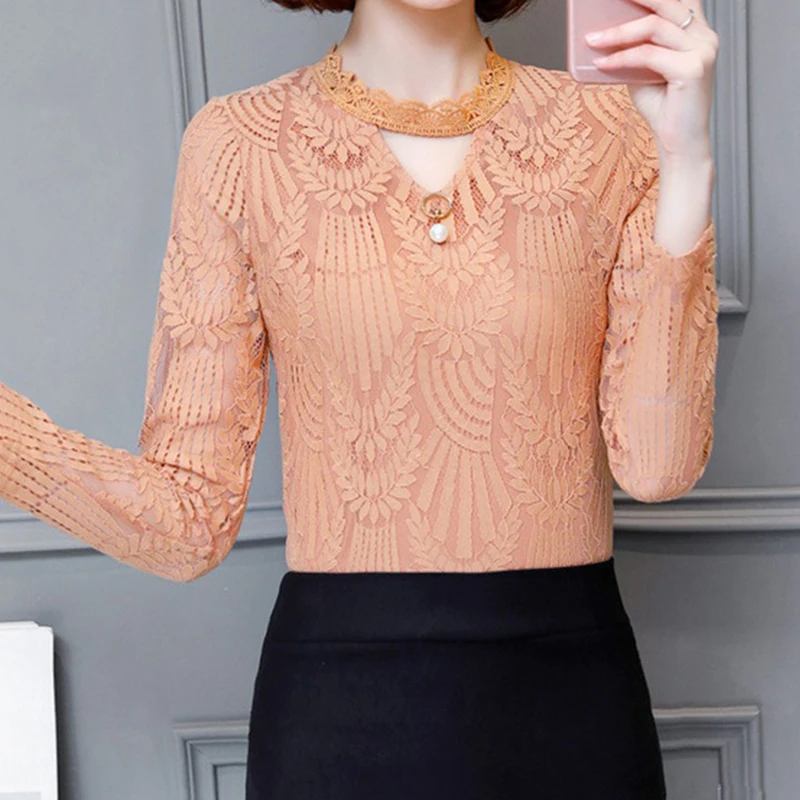 Women Lace Blouse Autumn Long Sleeve Crochet Blouses And Shirts Fashion Casual Female Tops Plus Size 3XL 2 Colors