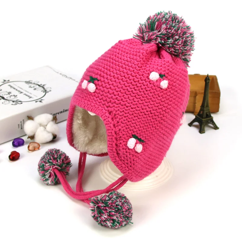 Cheery Knit Baby Hat Warm Velvet Winter Hat For Girls Ear Protect Lace Up Baby Beanie Pompom Cute Toddler Hat Baby Girl Clothing (6)