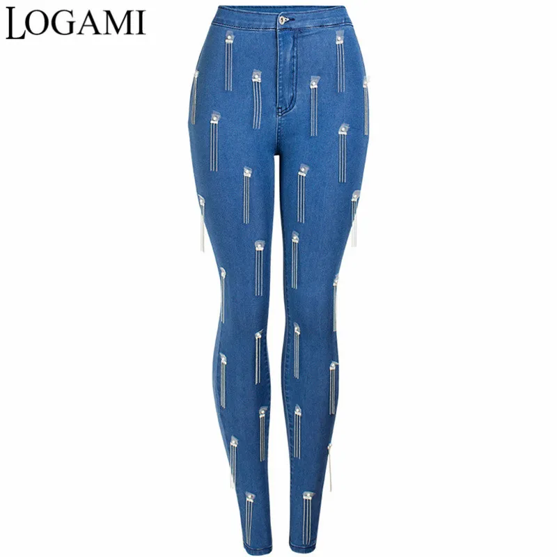 

LOGAMI Tassel Skinny Jeans Woman Elastic Ladies High Waist Jeans Fashion New Pencil Denim Pants Blue