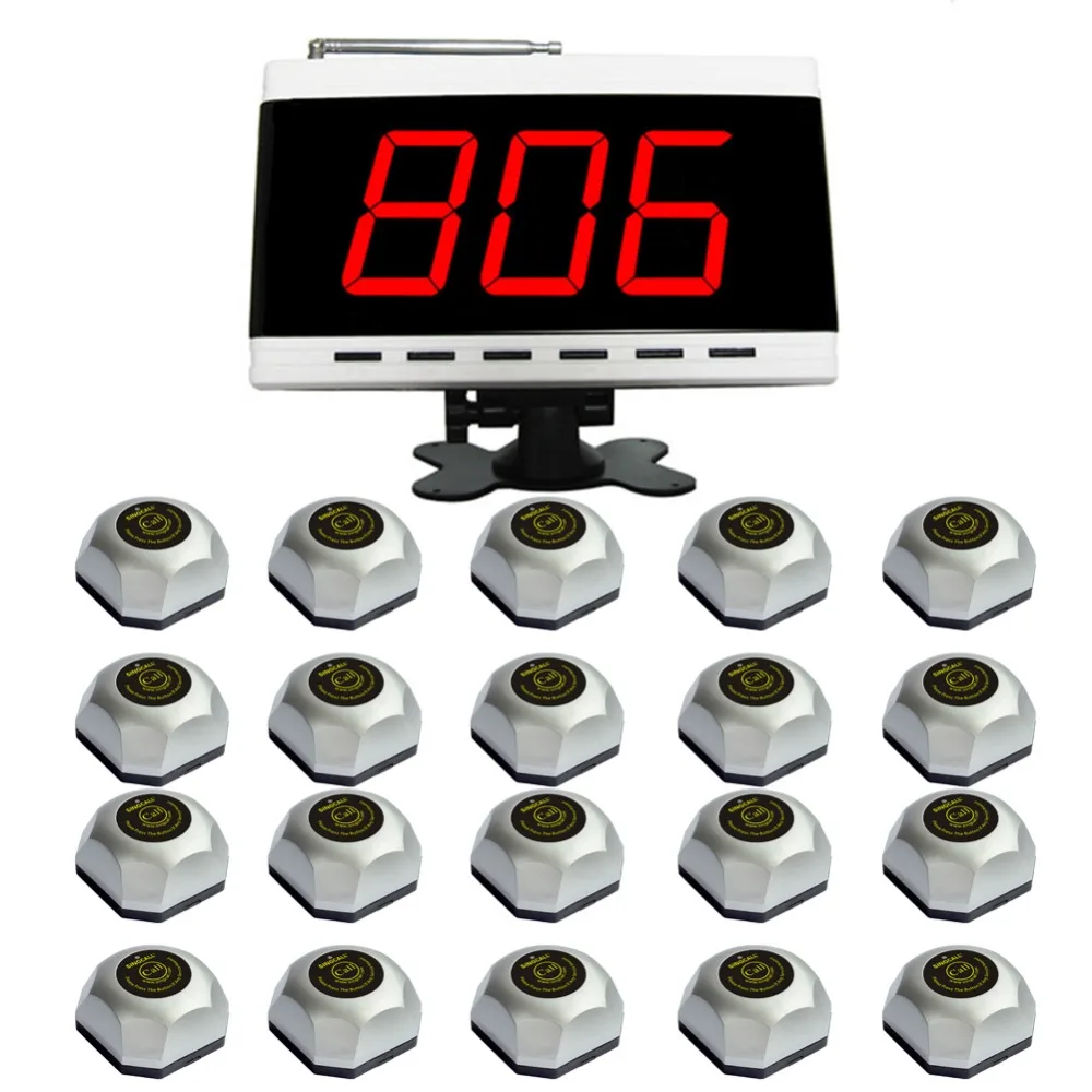 

SINGCALL. service calling system,wireless paging system for hotel,airport.1 pc white display and 20 pcs table bell.