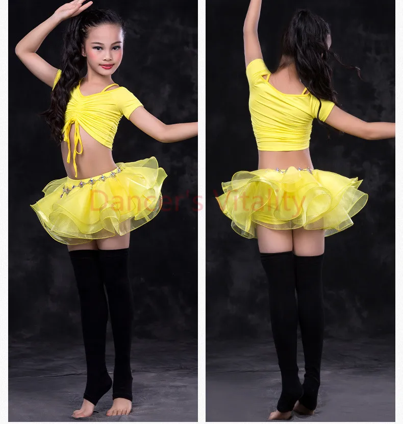 Для девочек танец живота одежда дети роскошные танец живота костюм Модальные Короткие рукава топ + трикотажная короткая юбка 2 шт. Дети