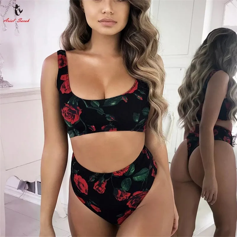 Ariel Sarah 2018 High Neck Bikini High Waist Swimsuit Women Floral Bikini Set Sexy Swimwear Rose Printing Bikini Halter Biquini