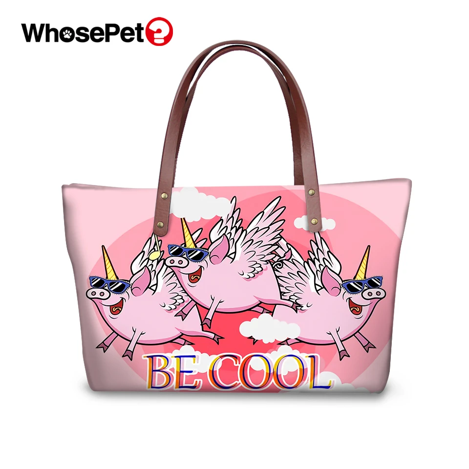 

WHOSEPET Kawaii Frog and Pig Printing Womens Tote Handbags Cartoon Animal Top-Handle Bags Female Messenger Bags Girls Beach Bags
