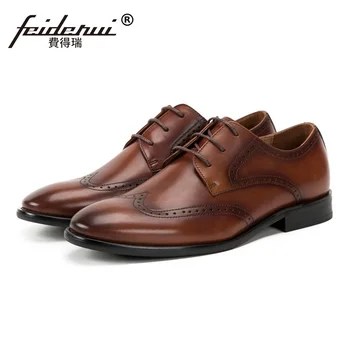 

British Style Round Toe Man Formal Dress Wingtip Brogue Shoes Genuine Leather Carved Men's Handmade Wedding Party Footwear SS220