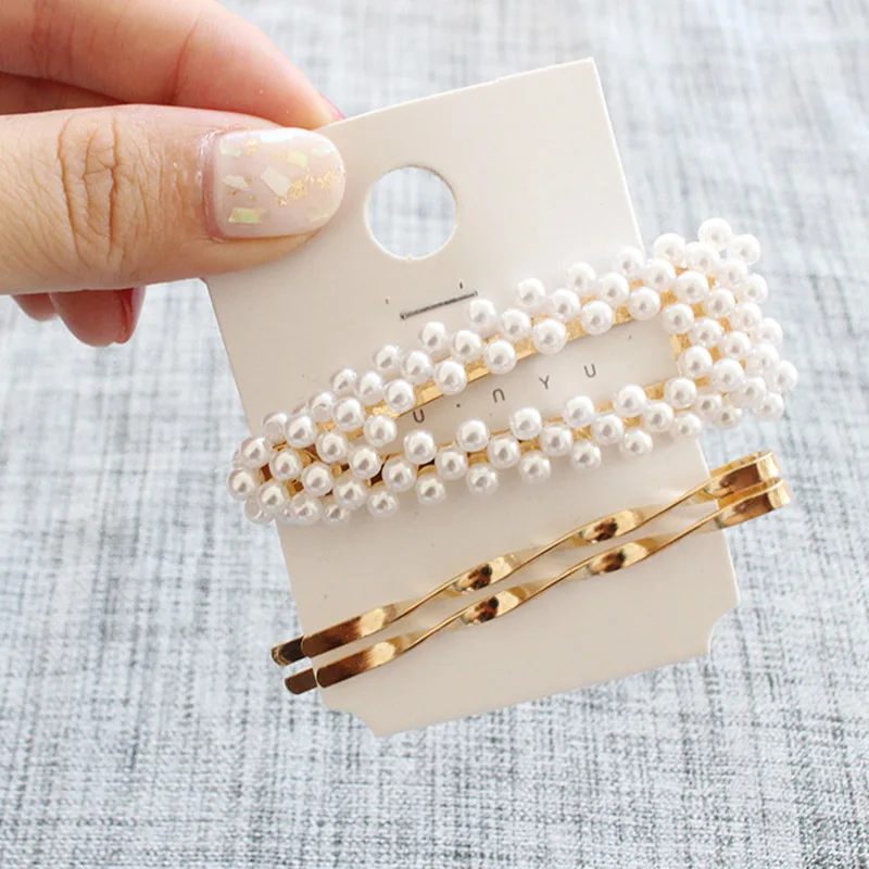 3Pcs/set Pearl Metal Gold Color Hair Clip Bobby Pin Barrette Hairband Hairpin Headdress women girls Lady Hair Styling Tool