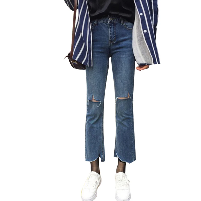 

2019 Vintage Blue Boyfriend Jeans For Women High Waist Denim Jeans Slim Ripped Holes Flare Jeans Woman Denim Pants