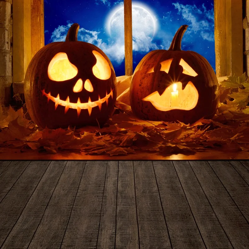 

Laeacco Window Pumpkin Lamp Leaves Halloween Scene Photography Backgrounds Customized Photographic Backdrops For Photo Studio