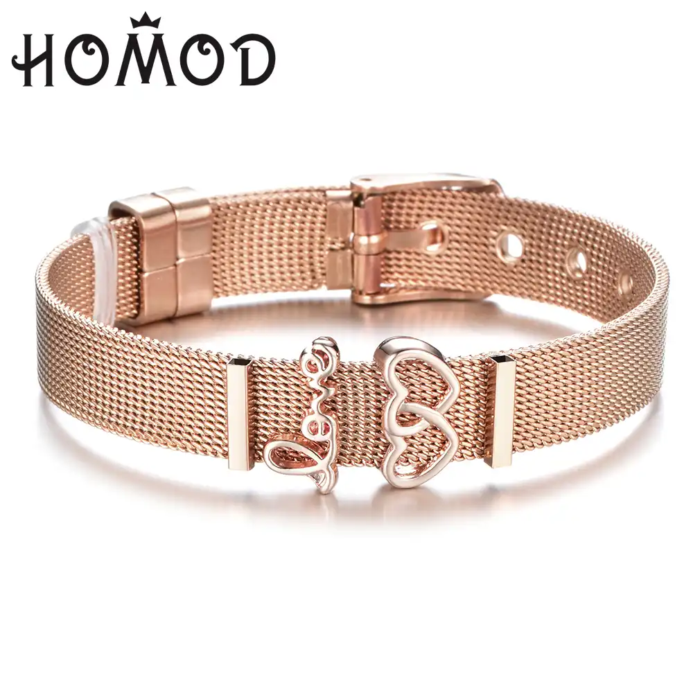 HOMOD Rose Gold Stainless Steel Charm Bracelet Double Heart Brand Bracelet Reflexions Mesh Bracelets for Women Lover Gifts HOMOD Rose Gold Stainless Steel Charm Bracelet Double Heart Brand Bracelet Reflexions Mesh Bracelets for Women Lover Gifts