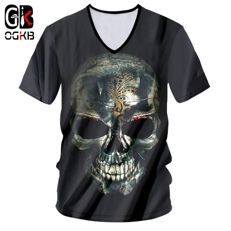 

OGKB V-neck Tshirt Black Summer Tops Women/men Print Skull 3D T-shirt Cool T Shirts Unisex Slim Fit Short Sleeve Casual Tees 7XL