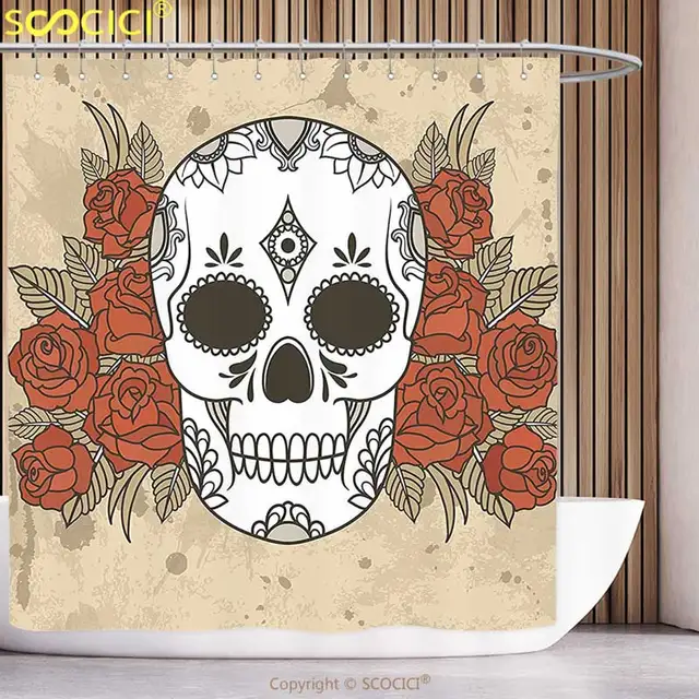 Aliexpress Fun Shower Curtain Skull Skeleton Ly Head With Fl Roses Leaves Image Artwork Black White Cocoa And Cinnamon Bathroom