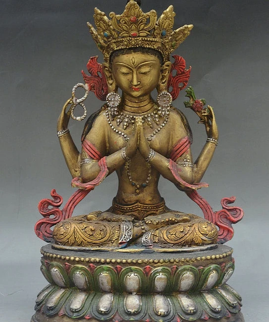 

16" Tibet Buddhism Bronze Paint 4 Arms Avalokitesvara Bodhisattva Goddess Statue