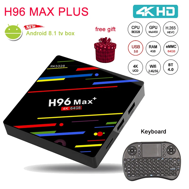 

TV Box 2018 H96 MAX Plus 4K HD USB 3.0 Set Top Box RK3328 Quad-Core 4G+64G Android 8.1 2.4G+5G Dual Wifi Smart H96 MAX tv box