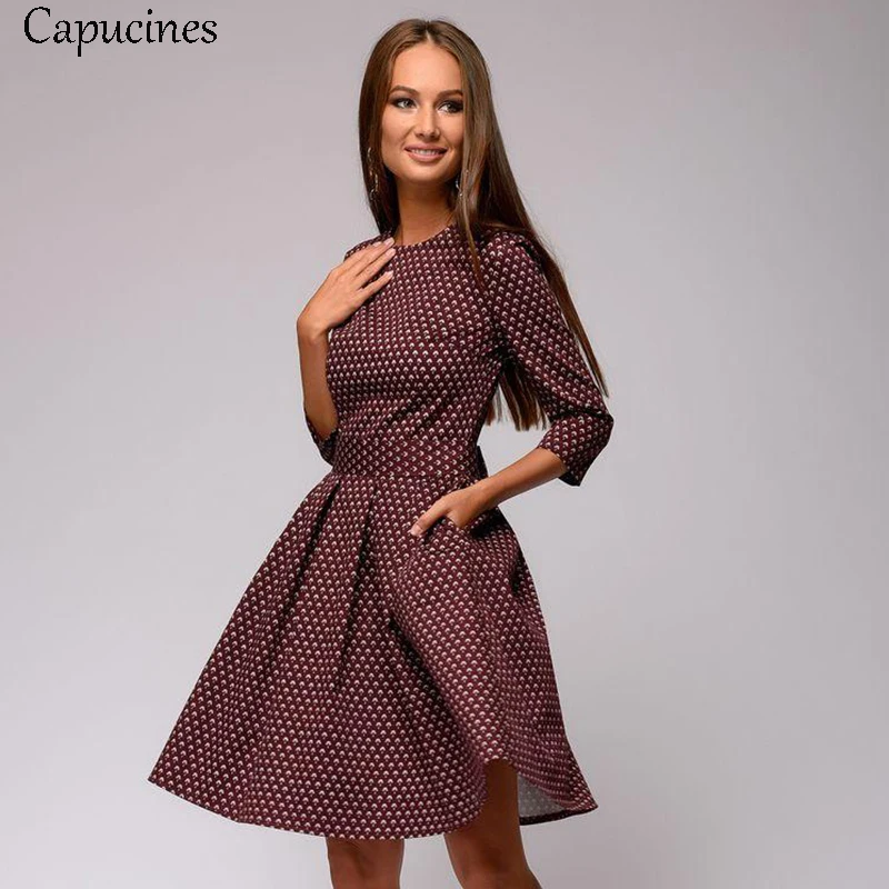 

2018 Autumn Fashion Printing Dress Women Elegant Vintage O-Neck Three Quarter Sleeve Pockets A-line Club Party Mini Dresses