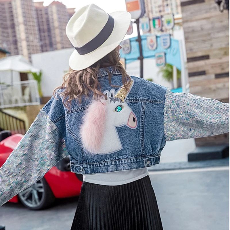 

Fashion Unicorn Denim Jacket Women Autumn Sequined Long Sleeve Coats Girl Outfit Quality Outerwear Women Denim Coat Casual Style