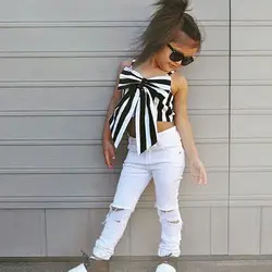 В европейском и американском стиле оптовая продажа детский летний полосатый Сарафан Топы + узкие длинные джинсы штаны Модный комплект