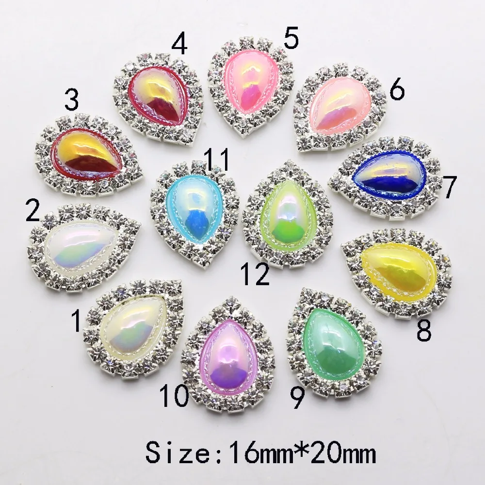 

Shining 10pcs 16*20mm DIY silver Water Drop Flat Bottom Rhinestone Buttons AB Pearl Button for Wedding Dress Sewing Decoration