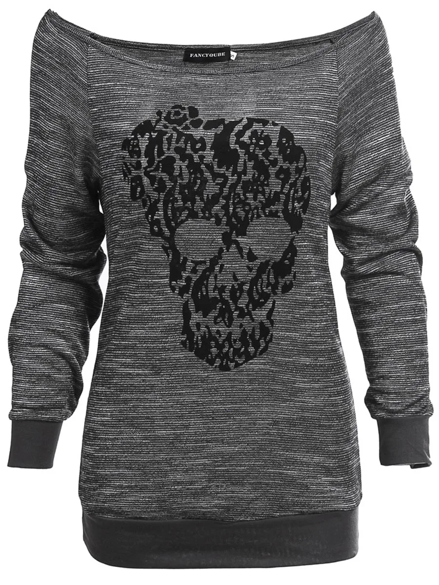 

Gray Casual T Shirt Women Long Sleeve Skull Print Gothic Trendy Brand Harajuku Streetwear Tops Spring 2019 Female Goth T Shirts
