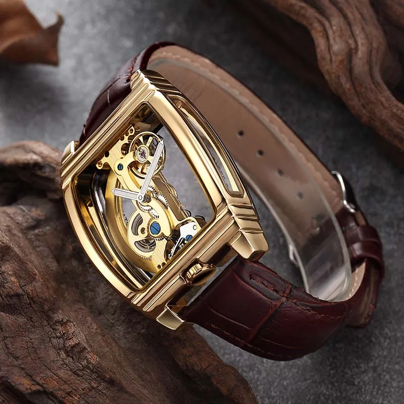 SHENHUA Роскошные Брендовые Часы для мужчин Золотой мост часы Скелет автоматические механические наручные часы коллекция Tourbillion часы - Цвет: GOLD BROWN