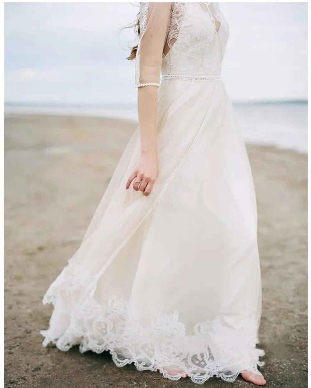 Vestido De Noiva элегантное пляжное свадебное платье в стиле бохо кружевное вечернее платье с фатиновой юбкой аппликации романтические Простые Свадебные платья