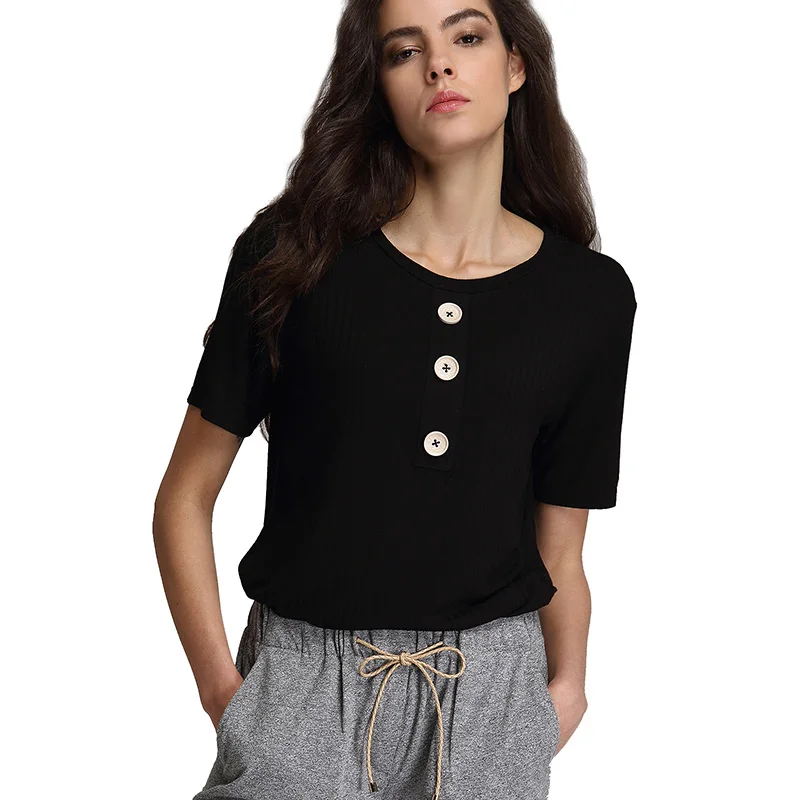 ESCALIER Летняя женская Повседневная рубашка, модные топы, футболки с пуговицами из вискозы, футболки с круглым вырезом, свободная эластичная футболка с коротким рукавом - Цвет: Черный