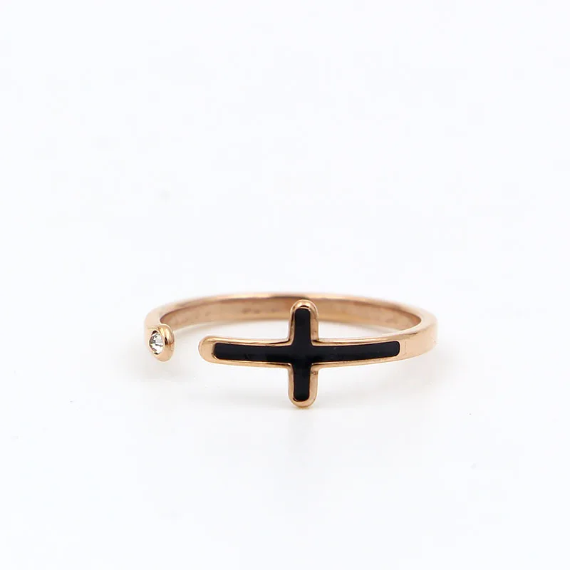 

Martick Retro Open Ring 316L Stainless Steel Black Cross Ring For Womem Rose Gold-color Simple Single Crystal Elegant Ring R31