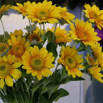 

100pcs artificial sunflower yellow color gerbera 3 heads/piece with green leaf fake plant greenery