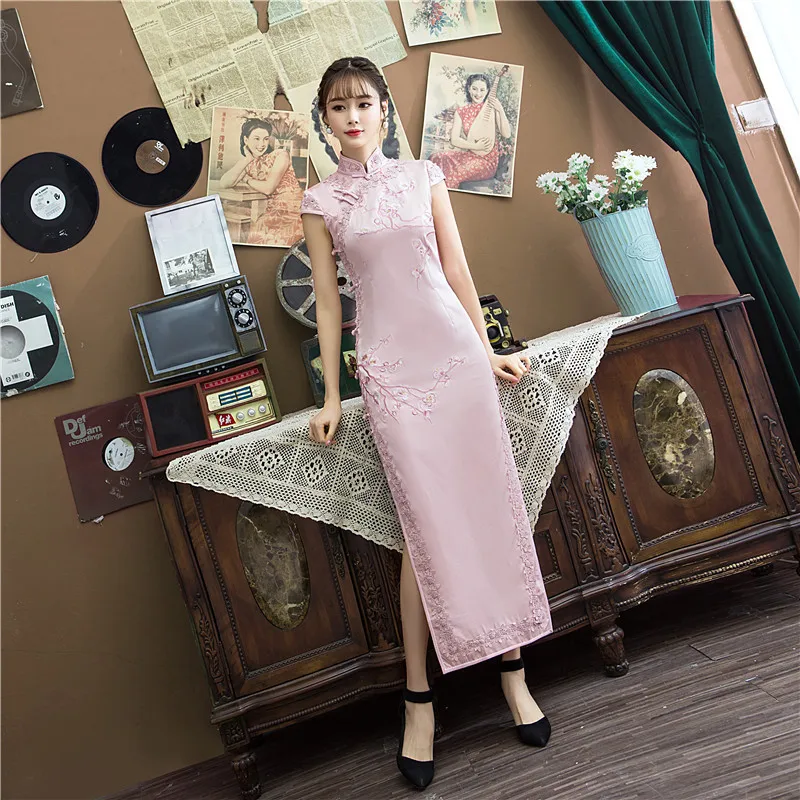 

Modern Pink Lace Embroidery Cheongsam Dresses Orientale Elegant Qi Pao Women Chinese Dress Long Promotion Qipao Vintage Gown