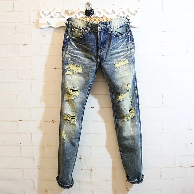 Ragged jeans vintage Scratch long pants male outdoor mens distressed ...