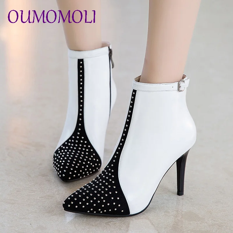 

black white fashion ankle boots for women pointed toe zip genuine leather boots mixed color ladies prom boots big size