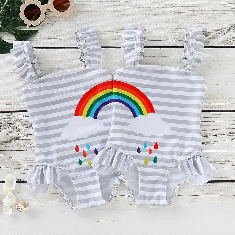 

2019 Toddler Baby Girl swimwear Two pieces Set Children Kids Girls Bikini Beach Strip Rainbow Print One Piece Swimsuit A1