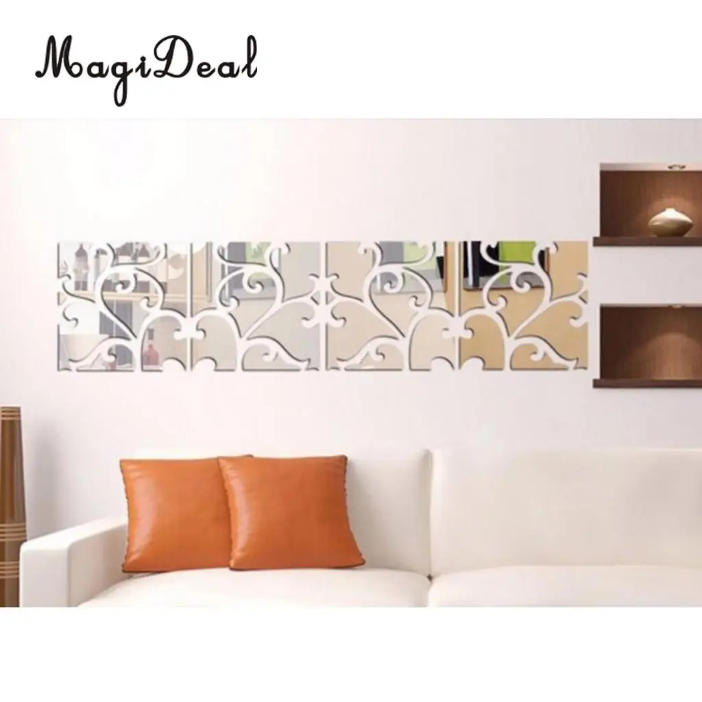 3D Acrylic Mirror Decal Sticker Stitched Wall Panels Home Decoration 8x8inch, Silver/Black/Gold